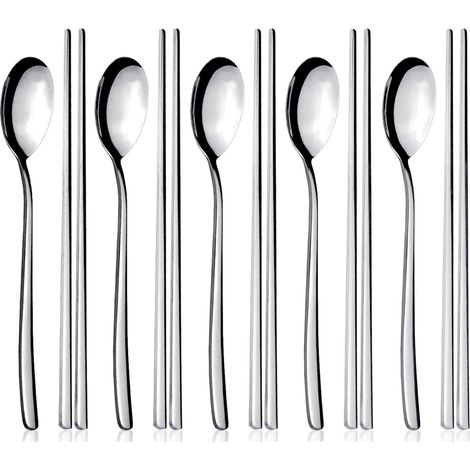 Lot de 5 Paires de Baguettes et de Cuillères en Acier Inoxydable Réutilisables pour la Maison, la Cuisine ou le Restaurant (1/5)