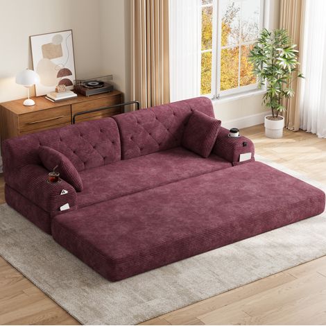 Canapé convertible 3 places 208x80x81 cm avec 4 poches, 2 porte-gobelets, dossier haut, velours côtelé - rouge (1/5)