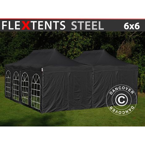 Pop up gazebo FleXtents Steel 6x6 m Black, incl. 8 sidewalls