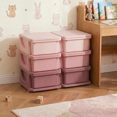 Tour de rangement pour enfants avec 6 tiroirs, organisateur de jouets avec bords arrondis et poignées, 75 x 37 x 56,5 cm, rose (1/5)