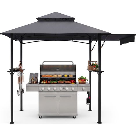 Barnum pliant de jardin gris 2,5 x 2,5 m en métal avec double toit ventilé, auvent latéral et 2 étagères pour jardin