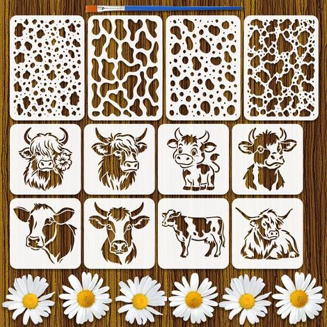 12Pcs Pochoirs Bovins Avec Pinceau 29.7x21Cm/20x20cm 2 Tailles Pochoirs Motif Vache Fleuri Pochoir Peinture Tête de Vache Modèle Thème Animal pour Peinture sur Bois Mur Meuble Maison DIY (1/5)