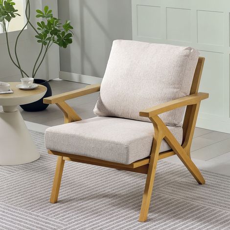 Lounge-Sessel im skandinavischen Stil, bezogen mit Leinenoptik, gepolsterten Kissen und Beinen aus Gummibaumholz, 76 x 87 x 88 cm, beige