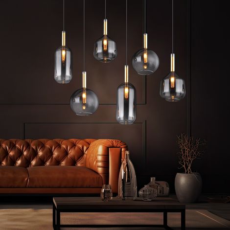 Luce a sospensione regolabile in altezza Luce a sospensione in vetro fumo Luce da sala da pranzo in ottone retrò, metallo, 6x prese G9, LxLxH 85x34x120 cm