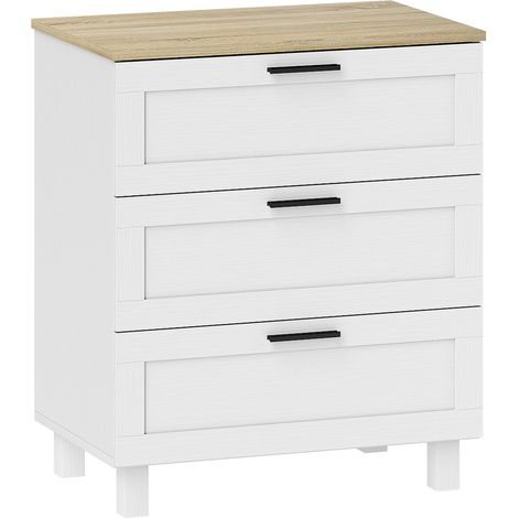 Kommode mit 3 Schubladen, modernes Aufbewahrungsmöbel mit Beinen aus Massivholz und Holzoptik-Platte, 60 x 38 x 71 cm, weiß (1/4)