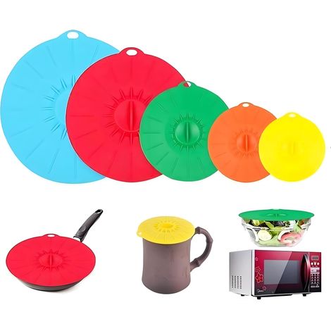 Couvercles en silicone, casseroles, tasses et micro-ondes Couvertures alimentaires Combo-sous vide avec effet d'aspiration pour la cuisine Lot de 5 pièces Couleur aléatoire (1/5)