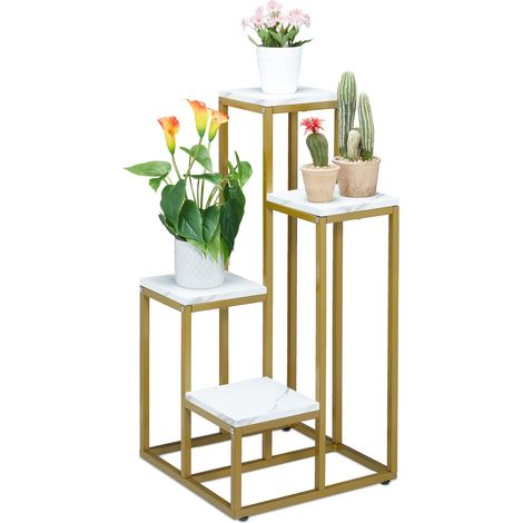 Relaxdays Portavaso a Colonna, Scaffale Alto Porta Fiori 100x40x40, Mobiletto Moderno, Piedistallo Fiori, Oro e Bianco (1/5)