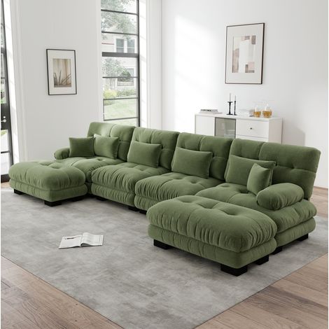 Divano modulare angolare verde in chenille con pouf mobile e design cloud (1/5)