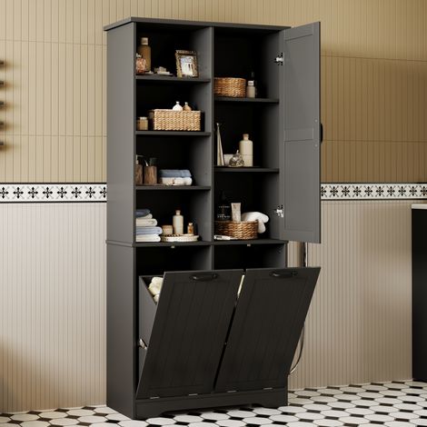 Colonne de salle de bains 78x35x172,7 cm en MDF noire, 2 paniers à linge, gain de place – MEUBLIV (1/5)