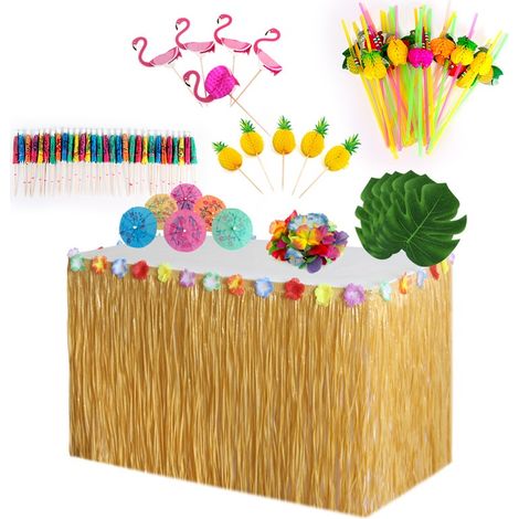Décoration Fête Hawaïenne - Jupe de Table en Herbe Tropicale 274 x 76 cm - Accessoires Palmiers Hibiscus Ananas Flamingos Pailles 3D - Lot Complet pour Soirée Luaus (1/5)