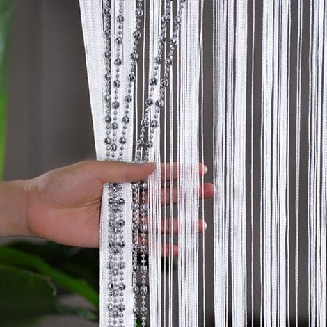 Rideau moustiquaire à perles, 100 x 200 cm, Noir, Été, Voilage, Moustiquaire scintillante, Rideau à cordon, Perles, Blanc (1/5)