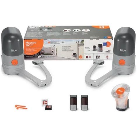 Nice – Kit de motorisation de portail à bras – Pour portails jusqu'à 3m et 250kg – Moteurs MAESTRO300C+MAESTRO300M – Télécommandes 4 touches