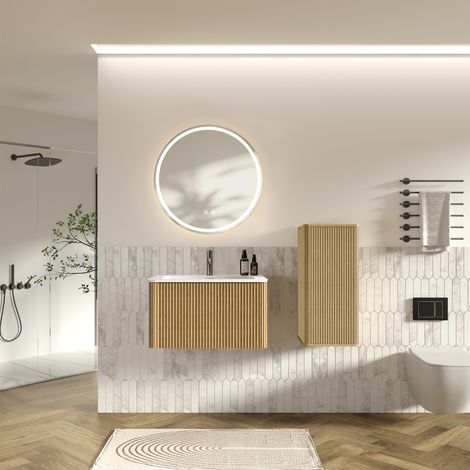 Ensemble de meubles de salle de bains avec lavabo et miroir LED, meuble vasque mural de 80 cm de large avec lavabo, miroir de salle de bains rond, ensemble de meubles de salle de bains moderne avec ar (1/3)