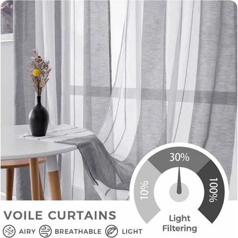Rideaux Voilage - - 140x260 cm - Blanc et Gris - Rayé - Œillets Métalliques (1/4)