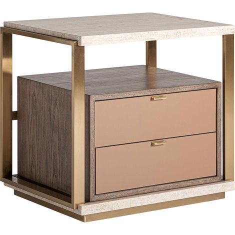 Table de chevet art déco en travertin finition marbrée beige - Beige marbré naturel et noir profond (1/5)
