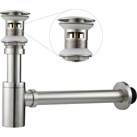 Ensemble complet de siphon en P pour lavabo de salle de bain, siphon réglable de 1-1/4 po, tube de vidange en laiton et bonde de lavabo escamotable avec trop-plein, nickel brossé (1/4)