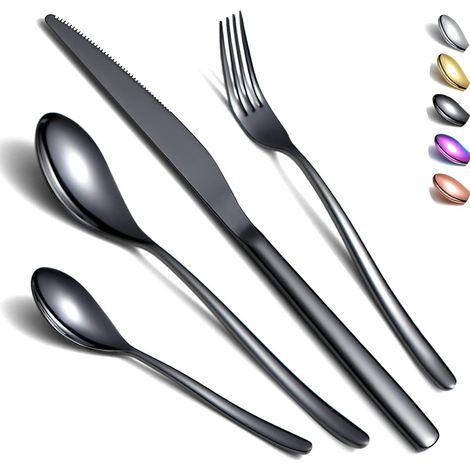 Set couverts 24 pièces inox noir titane 6 personnes couteaux fourchettes cuillères thé pâtisserie (1/5)