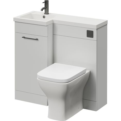 Napoli 390 Gloss Grey Pearl 900mm Single Door Vanity Unit Toilet Suite with Left Hand Square Lucia Basin - 900mm - Gunmetal Grey 160mm HandleWith Kingston Toilet Pan and Seat