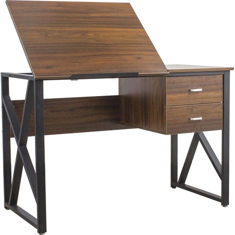 Bureau avec tiroirs 2 tiroirs et Plateau inclinable Table de Travail Porte-PC Ordinateur Structure en métal et Plateau en Bois MDF décoration Maison Bureau 110 x 75 x 55 cm Noir (1/5)