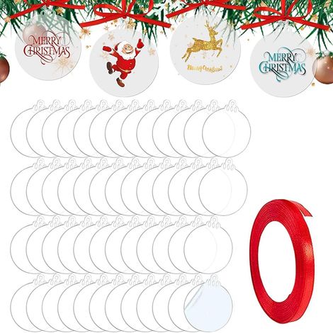 50 pcs Boules de Noël Rondes Feuille Acrylique Transparent avec Ruban, Boules Plates pour Travaux Manuels, Noël disques Acrylique Transparent pour décoration de fête d'arbre (7,6 cm) (1/4)
