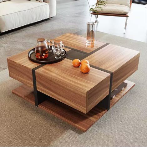 MEUBLIV Quadratischer Couchtisch 78x78x36 cm Schwarz und Holz – 4 Schubladen (1/4)