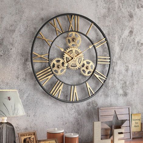 50 cm Noire Industrielle Bois Vintage Pendule Murale Steampunk Chiffres Romains pour Salon Bar Bureau (1/4)