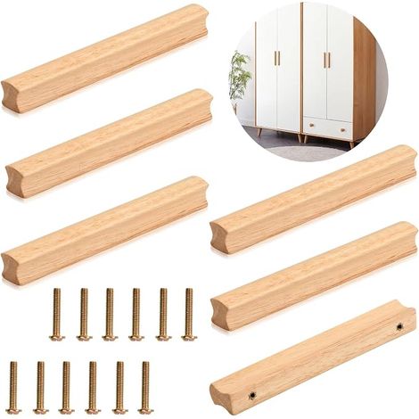 6 Pièces Poignée de Meuble en Bois avec Vis pour Armoire, Espacement des Trous 160 mm, Poignées de Cuisine Universelles pour Les Placards (1/5)