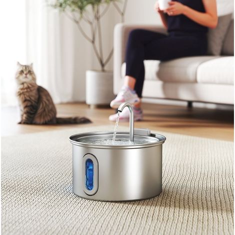 Fontaine à eau chat 2,5 L 19,4x19,4x18,7 cm acier inoxydable argent LED silencieuse – MEUBLIV (1/5)