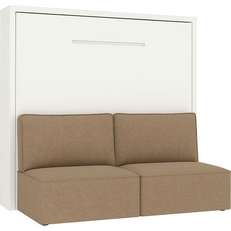 Lit escamotable horizontal avec banquette & coffres LOGIA Marron clair-160x200-Canapé Marron clair-Structure Blanche (1/5)