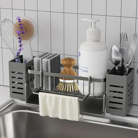 Organizador de fregadero de cocina, soporte para esponjas con bandeja de drenaje automática, soporte para paños de cocina, almacenamiento, gris, pequeño (1/5)