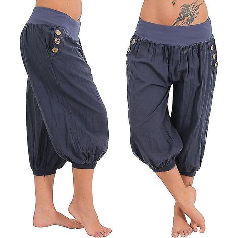 Pantalon de yoga femme, poches latérales, style sarouel, pantacourt, séchage rapide, évacuation de l'humidité, léger, style hippie bohème, bleu clair, mandarine, blanc cassé - 3XL (1/5)