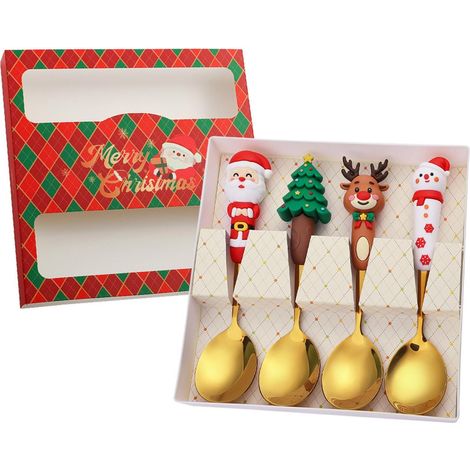 Set di 4 cucchiai natalizi in acciaio inossidabile con design creativo a tema albero di Natale, Babbo Natale, pupazzo di neve e alce. Cucchiai da tavola, dessert, tè e zuppa per mescolare. (1/5)
