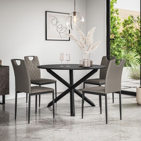 Malvern Round Dining Table And Chairs -  Black Table Top w Solid Oak Black Legs + Monza Faux Leather Dining Chair Set Of 4 (Grey) (1/5)