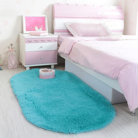 Alfombra mullida para dormitorio, alfombra ovalada pequeña, alfombra antideslizante, alfombra de baño, alfombra de cabecera de felpa color turquesa, linda decoración de interior de dormitorio de felpa (1/2)