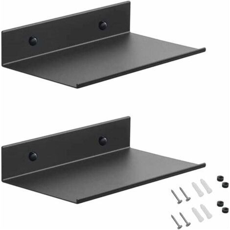 Metal Wall Shelves, 2 Pieces 20cm Black Floating Shelf, Wall Mounted Shower Shelf, Wall Mounted Rectangular Shelf with Holes and Screws for Living Room, Bedroom, Photo Frame, Trinkets (1/4)