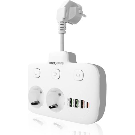 Multiprise Murale - 2 Prises 10 A 2500 W + 3 Ports USB PD3.0 20 W QC3.0 18 W - Protection Parafoudre - Câble Intégré 0,1 M - Pour Maison Bureau Cuisine