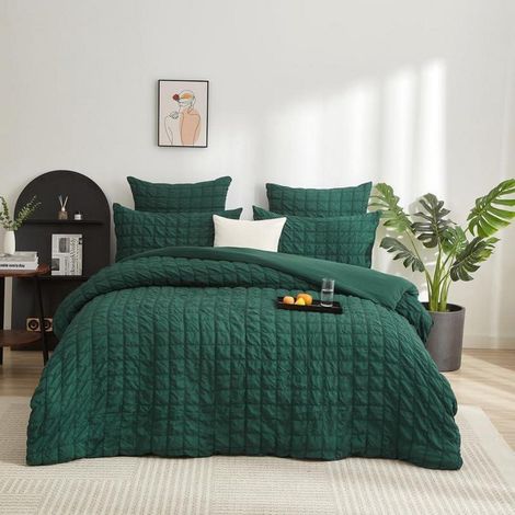 Parure de lit Seersucker 135x200cm Vert Foncé à Carreaux, 4 pièces avec fermeture éclair