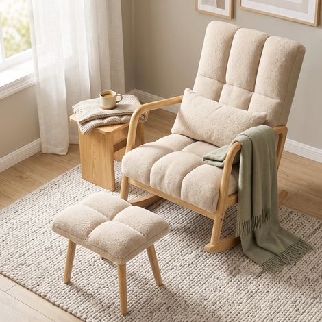Fauteuil à Bascule avec Repose-Pieds, Assise Large, Pieds Bois, Confort, Beige (1/5)