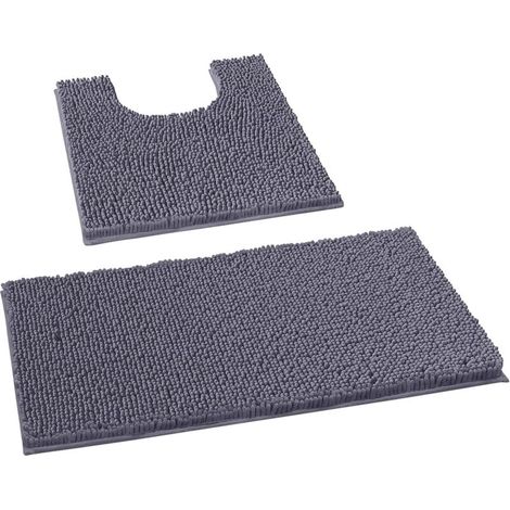 Ensemble de tapis de bain 2 pièces en microfibre, tapis rectangulaire et tapis en U, couleur gris foncé (1/4)