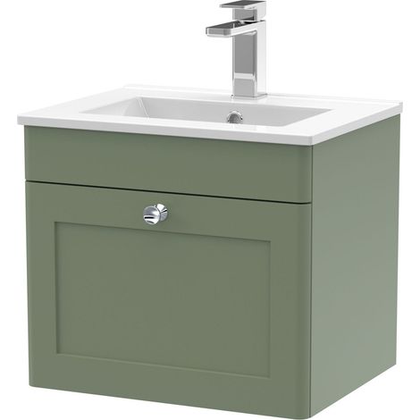 Swynnerton Traditional 1 Drawer Wall Hung Vanity Unit with Minimalist Basin, Satin Green, 500mm (1/4)