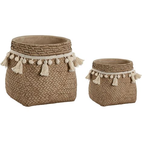 pot cache plante ciment effet tressé pompons esprit tropical - marron clair effet tressé naturel (1/3)
