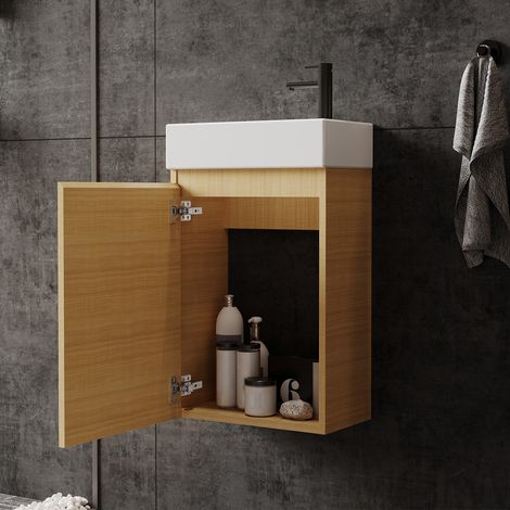 Meuble sous-vasque suspendu 40 cm avec vasque céramique - 1 porte avec charnières inox et fermeture douce - Rangement peinture murale gain de place pour petite salle de bain/WC (1/5)