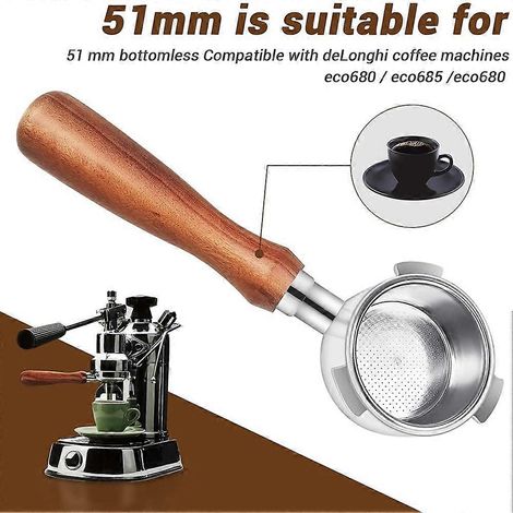 Porte-filtre sans fond de 51 mm pour machines à café DeLonghi EC680/EC685, avec panier-filtre et accessoires pour le café. (1/5)