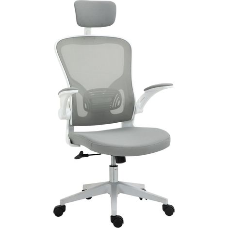 Fauteuil de bureau ergonomique avec fonction bascule, haut dossier, soutien lombaire, appuie-tête, accoudoirs rabattables, pour télétravail, gris, 65 x 64 x 114-122 cm (1/5)
