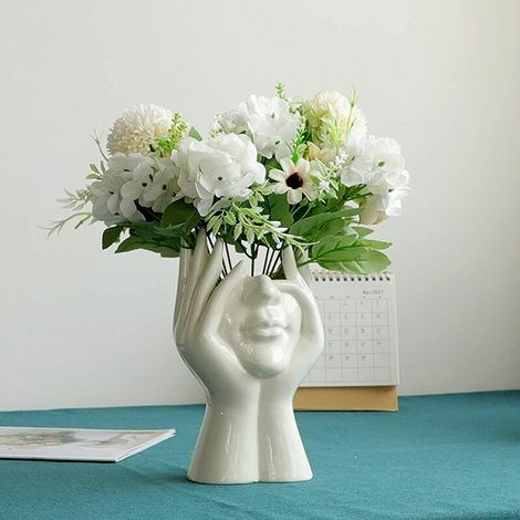 Vase à fleurs en céramique blanche Design moderne Vase à fleurs visage humain décoration de fête de mariage bureau à domicile 18cm (1/5)