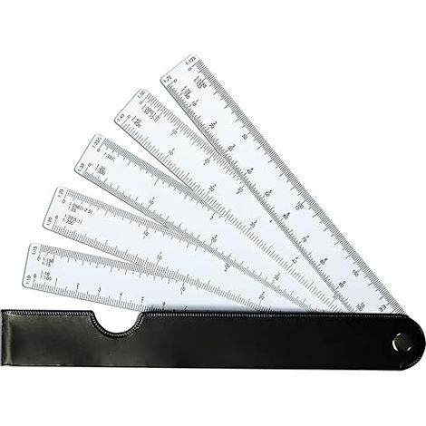 Lüfterlehre, Lüfterreduktionslineal, Klapplineale, Kunststoffmaßstab, geometrische Basis des Zeichenlineals, metrische Skalen 1:20 1:25 1:50 1:75 1:100 1:125 (1/5)
