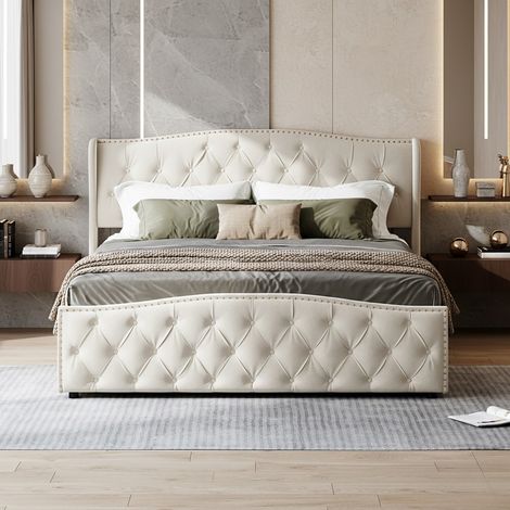 Letto contenitore 160x200 con vano contenitore a gas, letto matrimoniale per adulti in velluto con borchie decorative, stile elegante, Beige (1/5)