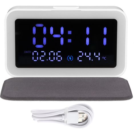 Réveil lumineux LED avec chargeur sans fil 15W, thermomètre pour chambre à coucher