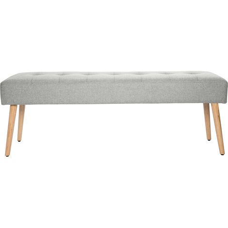 Banco nórdico capitoné de tela efecto aterciopelado texturizado gris claro y madera clara 130 cm GUESTA