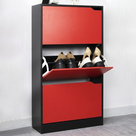 Scarpiera 3 Ante Ripiani Doppia Profondità Porta Scarpe Rosso e Nero 63x24x115cm (1/5)